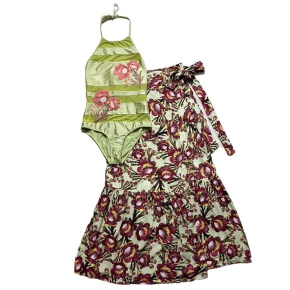 Agua De Coco Other - Agua De Coco Lime Green Floral One Piece Swimsuit & Matching Coverup Skirt L